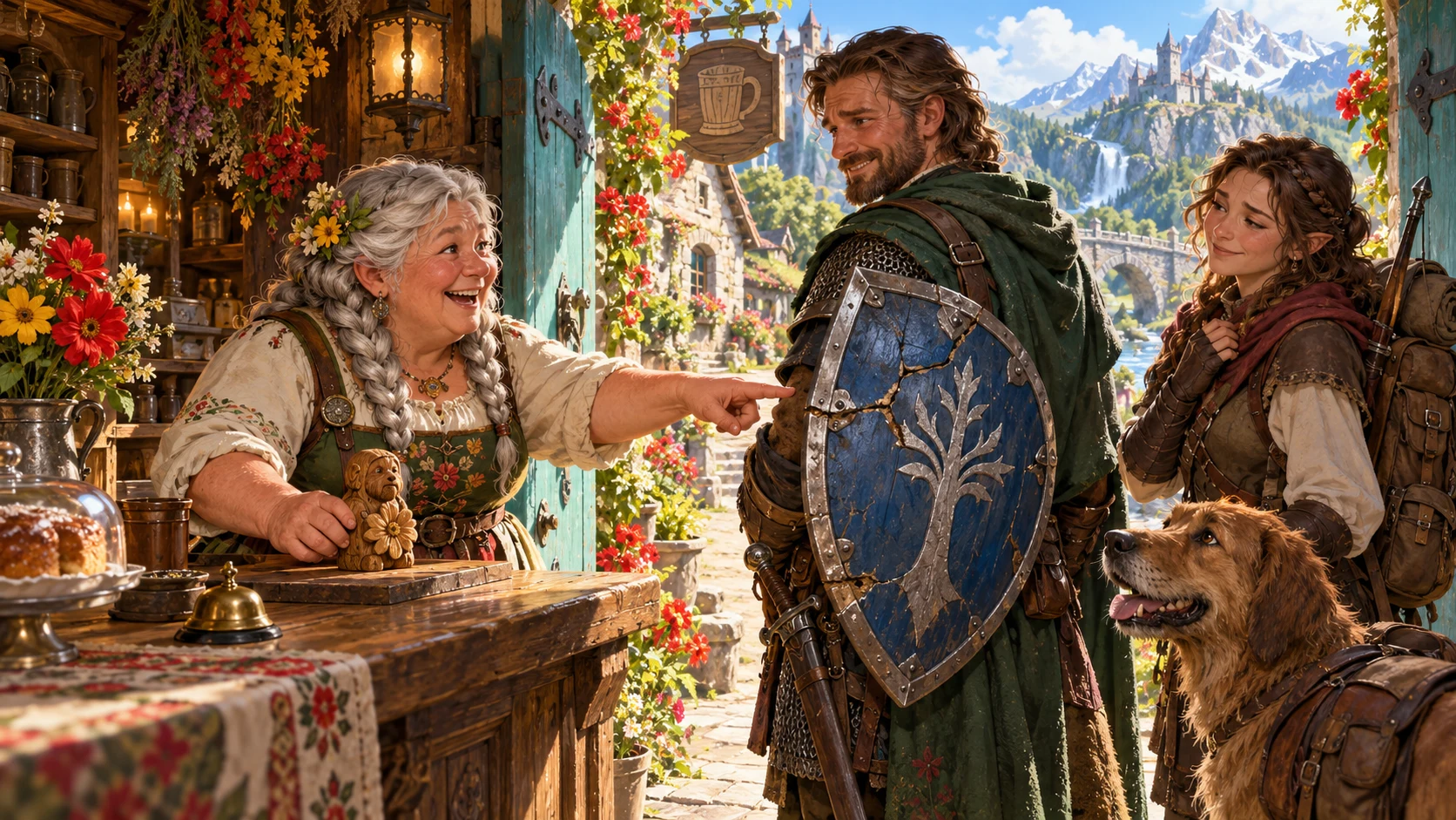 An illustrated fantasy shopkeeper points toward a returning adventurer’s decorated shield while a companion and dog stand nearby.