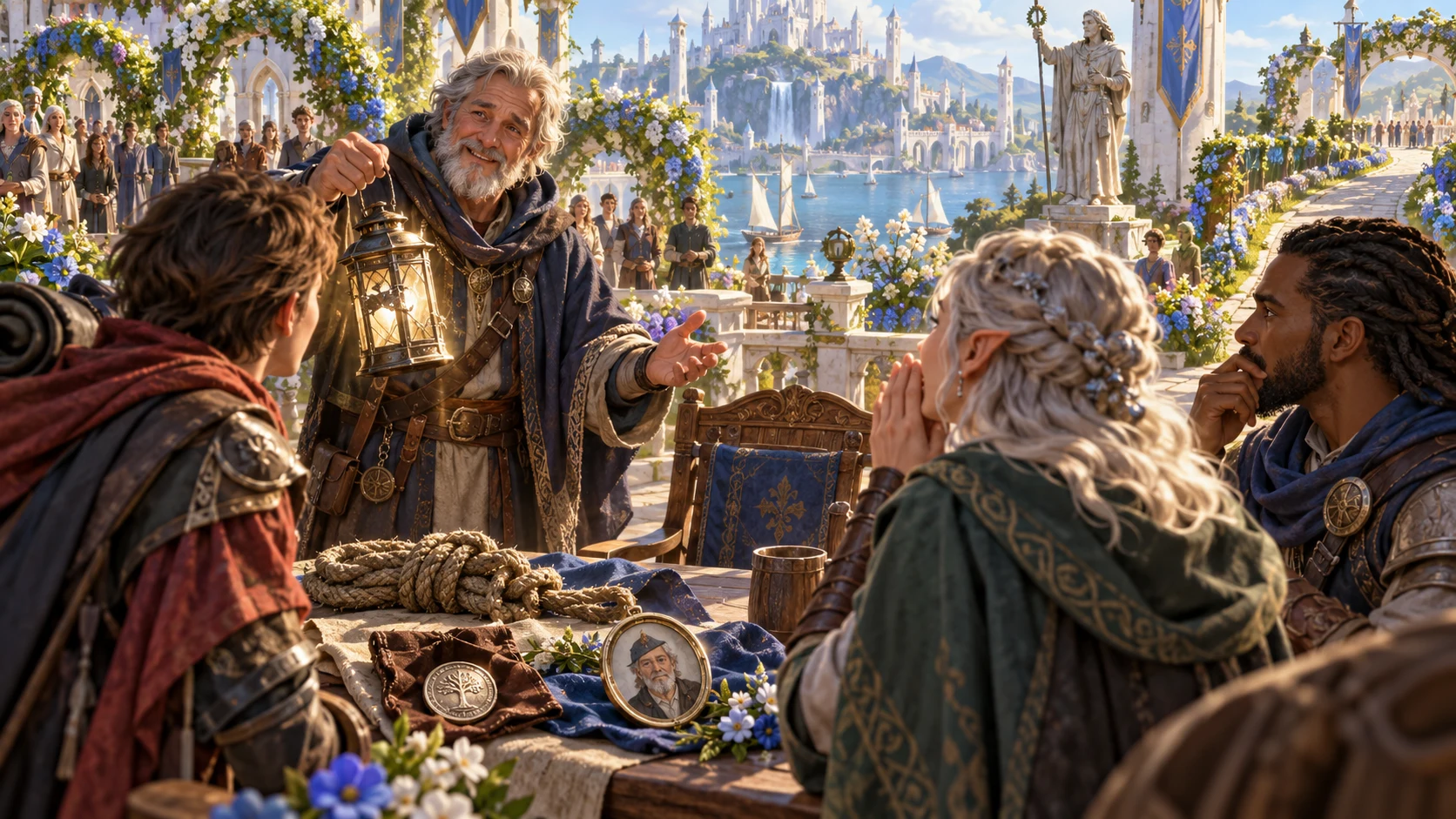 An illustrated older traveller holds a lantern and talks with companions beside a table of keepsakes and a portrait.