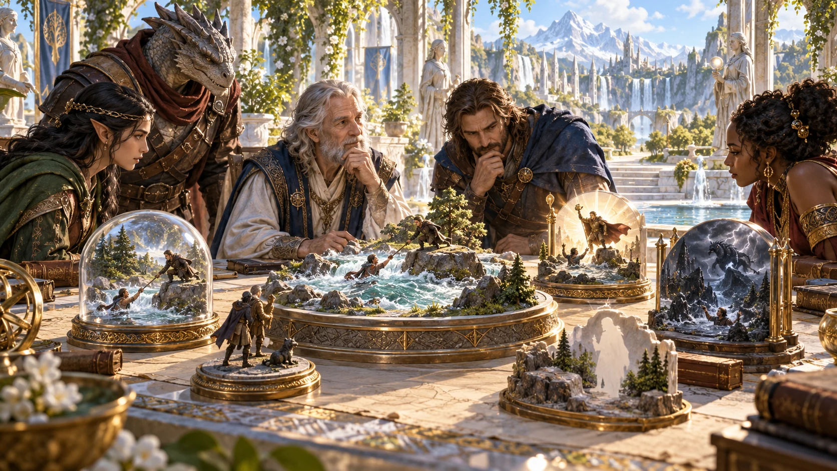 Fantasy companions discuss miniature scenes of past adventures around a table overlooking a mountain city.